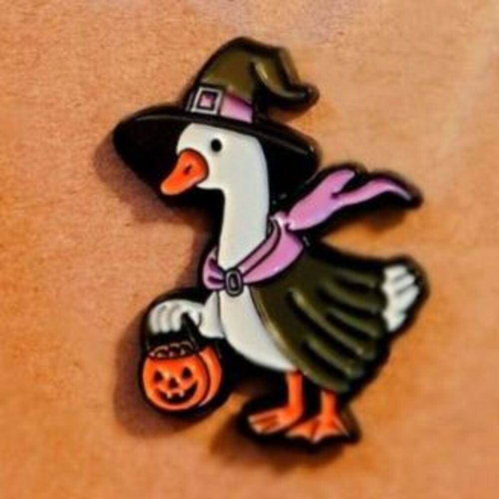 Witchy Porch Goose in Halloween Costume Enamel Pin - Pumpkin Festive Accessory